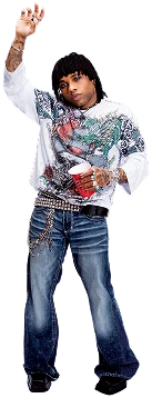 Community member waving in a graphic top and jeans